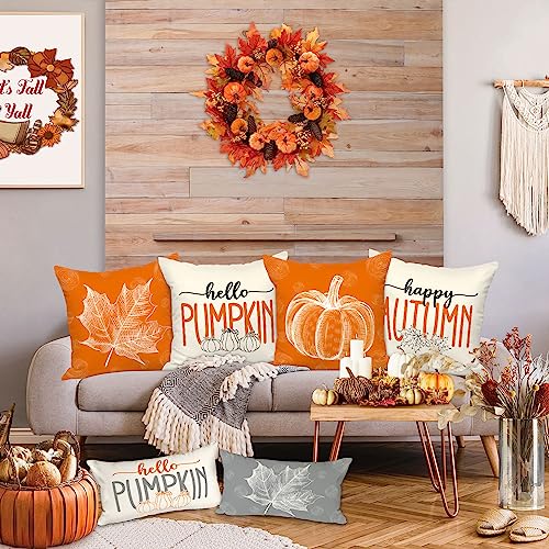 Benjia Orange 45x45 Autumn Cushion Covers Set of 4, Maple Leaf Pumpkin Decorative Holiday 18x18 Inch Fall Throw Pillow Covers Thanksgiving Pillow Case for Indoor Home Bedroom Couch Sofa Decor 45x45cm