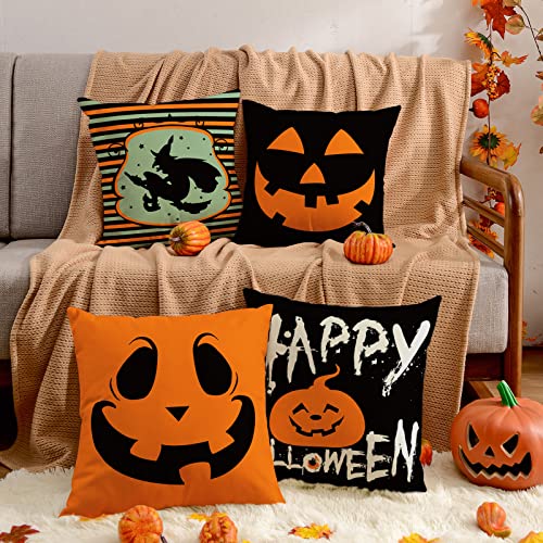 AnyDesign Halloween Throw Pillow Covers Pumpkin Witch Pillow Case Black Orange Pumpkin Face Cushion Cover Spooky Farmhouse Decor for Home Couch Sofa Car, 18 x 18 Inch, Set of 4