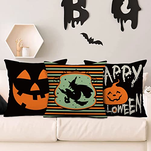 AnyDesign Halloween Throw Pillow Covers Pumpkin Witch Pillow Case Black Orange Pumpkin Face Cushion Cover Spooky Farmhouse Decor for Home Couch Sofa Car, 18 x 18 Inch, Set of 4