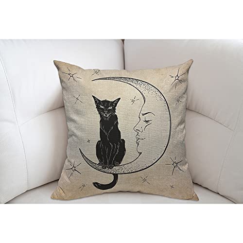 Mugod Black Cat Cushion Cover Throw Pillow Covers Sits on The Moon Face Star Pillow Case for Men Women Decorative Home Sofa Chair Couch 45x45cm/18x18 Inch