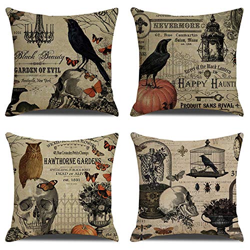 HOSTECCO Halloween Pillow Covers Set of 4 Pumpkin Skull Pillow Cases Owl Crow Linen Cushion Covers 18x18 inches