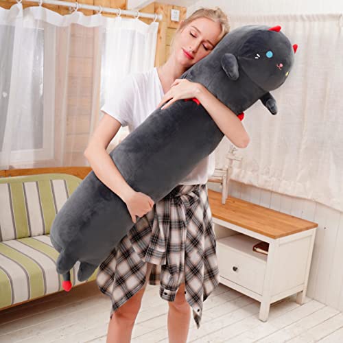 Mewaii 28in Long Cat Plush Pillows Stuffed Animals Squishy Pillows - Plushie Cute Kitty Sleeping Hugging Plush Pillow Soft Toys for Kids(Black)