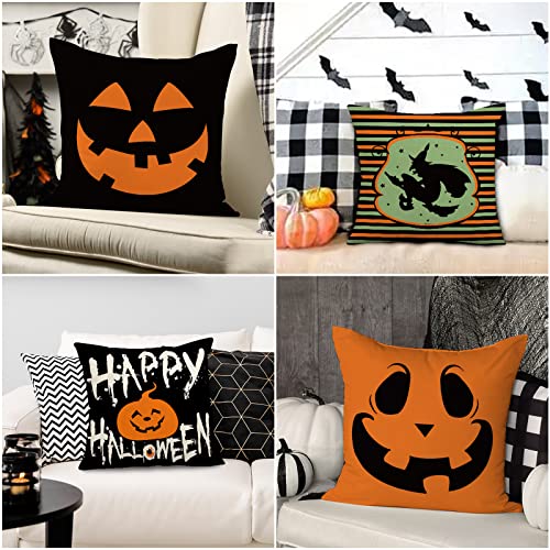AnyDesign Halloween Throw Pillow Covers Pumpkin Witch Pillow Case Black Orange Pumpkin Face Cushion Cover Spooky Farmhouse Decor for Home Couch Sofa Car, 18 x 18 Inch, Set of 4