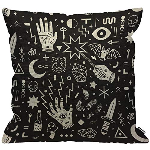 HGOD DESIGNS Magical Witchcraft Cushion Cover,Hand Eyes Moon Skull Cat Bat Snake Dagger Mushroom Key Throw Pillow Case Home Decorative for Living Room Bedroom Sofa Chair 18X18 Inch Pillowcase 45X45cm