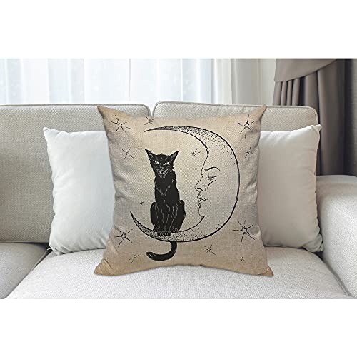 Mugod Black Cat Cushion Cover Throw Pillow Covers Sits on The Moon Face Star Pillow Case for Men Women Decorative Home Sofa Chair Couch 45x45cm/18x18 Inch