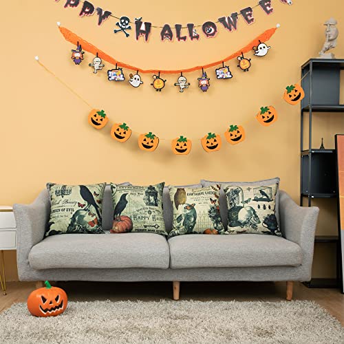 HOSTECCO Halloween Pillow Covers Set of 4 Pumpkin Skull Pillow Cases Owl Crow Linen Cushion Covers 18x18 inches