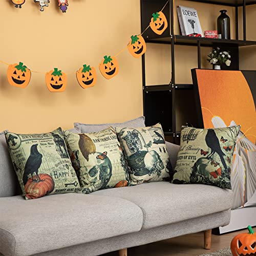 HOSTECCO Halloween Pillow Covers Set of 4 Pumpkin Skull Pillow Cases Owl Crow Linen Cushion Covers 18x18 inches