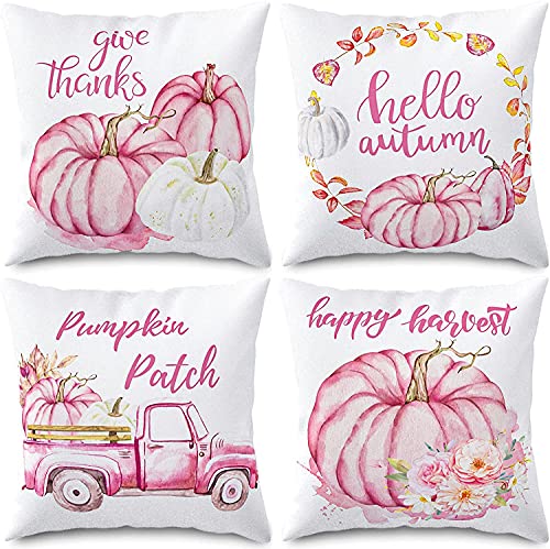 Whaline Hello Autumn Pillow Covers Pink Pumpkin Throw Cushion Cover Autumn Harvest Pillow Case Cushion Case for Fall Thanksgiving Sofa Couch Bedroom Home Office Decor, 18" x 18", 4Pcs