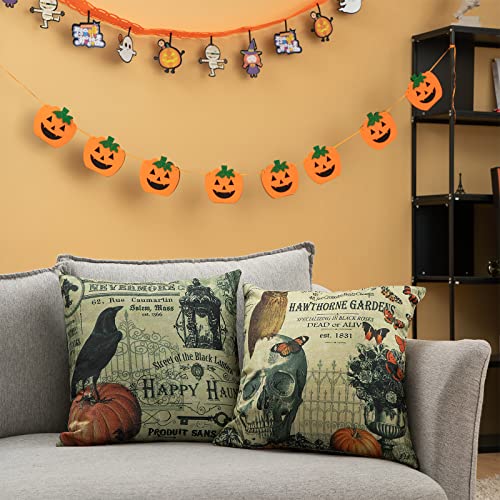 HOSTECCO Halloween Pillow Covers Set of 4 Pumpkin Skull Pillow Cases Owl Crow Linen Cushion Covers 18x18 inches