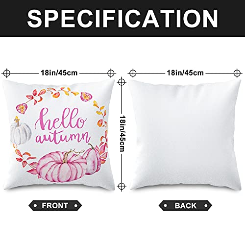 Whaline Hello Autumn Pillow Covers Pink Pumpkin Throw Cushion Cover Autumn Harvest Pillow Case Cushion Case for Fall Thanksgiving Sofa Couch Bedroom Home Office Decor, 18" x 18", 4Pcs