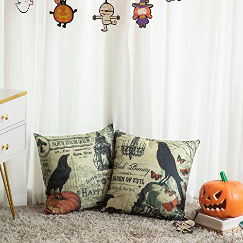 HOSTECCO Halloween Pillow Covers Set of 4 Pumpkin Skull Pillow Cases Owl Crow Linen Cushion Covers 18x18 inches