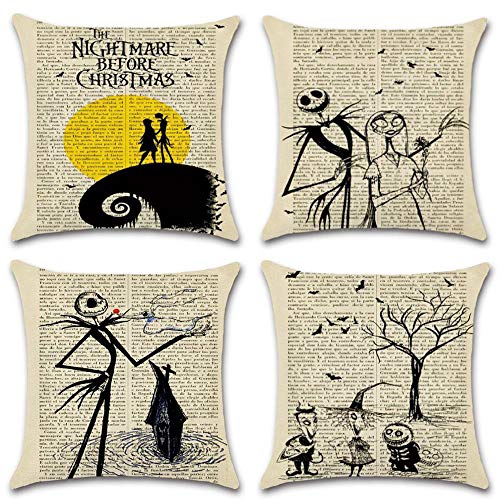 Hixixi 4-Pack Happy Halloween Skull Vintage Newspaper Christmas Night Throw Pillow Case Cotton Linen Sushion Cover Pumpkin Xmas Room Decor