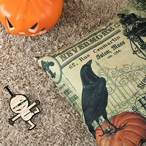 HOSTECCO Halloween Pillow Covers Set of 4 Pumpkin Skull Pillow Cases Owl Crow Linen Cushion Covers 18x18 inches