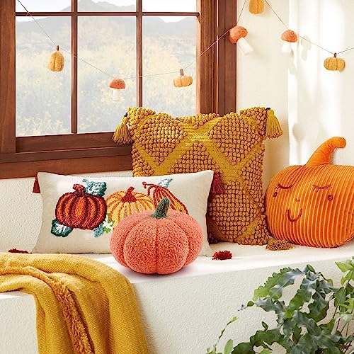 Halloween Pumpkin Throw Pillow, Stuffed Pumpkin Fluffy Plush Toy Sofa Cushion Soft Pumpkin Throw Pillow Decoration for Thanksgiving Halloween Home Decor Party Kids Gift (Orange)