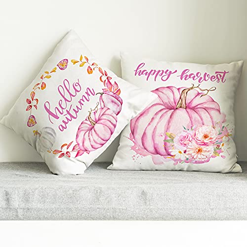 Whaline Hello Autumn Pillow Covers Pink Pumpkin Throw Cushion Cover Autumn Harvest Pillow Case Cushion Case for Fall Thanksgiving Sofa Couch Bedroom Home Office Decor, 18" x 18", 4Pcs