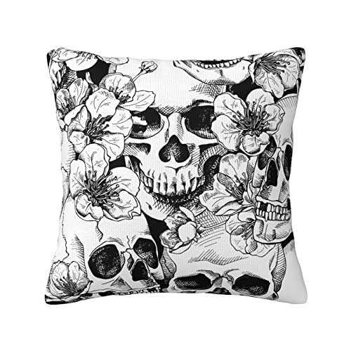 xiaoqiang Pillow Covers Black and White Skull Flowers Gothic Design Plush Pillowcases Square Cushion Pillow Cases for Sofa Bed Home Decor 45cm X 45cm (18" x 18")