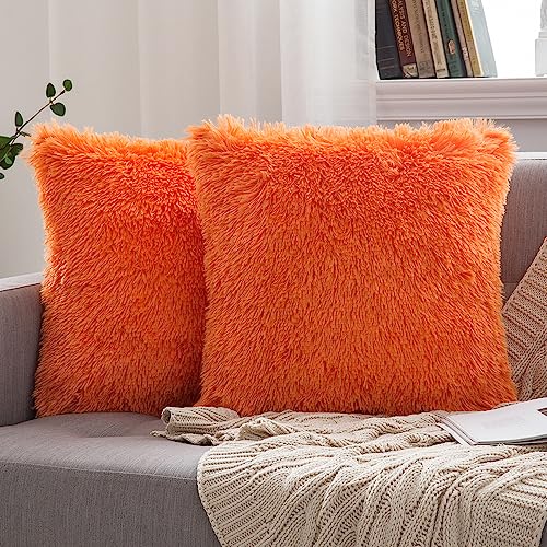 MIULEE Faux Fur Cushion Covers Fluffy Throw Pillow Case Soft Decorative Square Cute Pillow Plush For Livingroom Sofa Bedroom 18 Inch x 18 Inch 45 cm x 45 cm Bright Orange Pack of 2