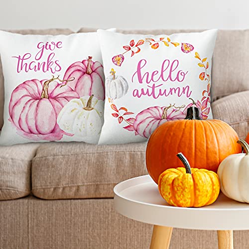 Whaline Hello Autumn Pillow Covers Pink Pumpkin Throw Cushion Cover Autumn Harvest Pillow Case Cushion Case for Fall Thanksgiving Sofa Couch Bedroom Home Office Decor, 18" x 18", 4Pcs