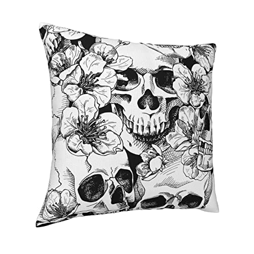 xiaoqiang Pillow Covers Black and White Skull Flowers Gothic Design Plush Pillowcases Square Cushion Pillow Cases for Sofa Bed Home Decor 45cm X 45cm (18" x 18")