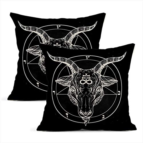 Xincow Set of 2 Cushion Covers Pentagram Demon Baphomet Satanic Goat Head Binary Symbol Tattoo Retro Music Home Durable Decorative Linen Pillowcases Square Throw Pillow Cases for Sofa 18x18 Inches