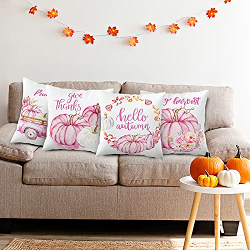 Whaline Hello Autumn Pillow Covers Pink Pumpkin Throw Cushion Cover Autumn Harvest Pillow Case Cushion Case for Fall Thanksgiving Sofa Couch Bedroom Home Office Decor, 18" x 18", 4Pcs