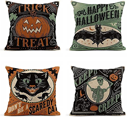 4Pcs Linen Throw Pillow Covers 18x18 Vintage Halloween Scaredy Cats Pumpkins Skeletons Home Decor Pillowcase Square Cushion Covers for Sofa Bed Couch