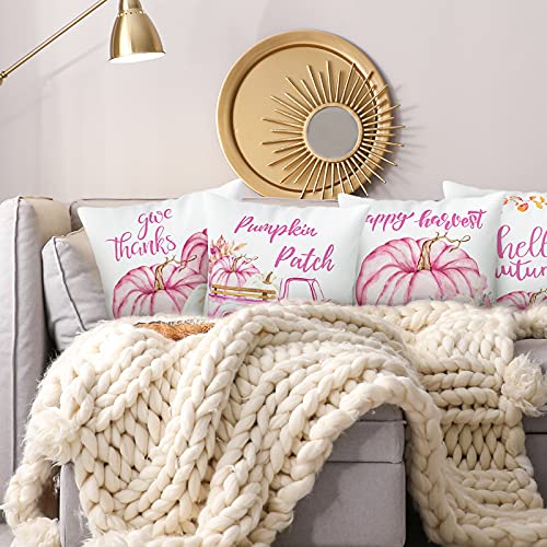 Whaline Hello Autumn Pillow Covers Pink Pumpkin Throw Cushion Cover Autumn Harvest Pillow Case Cushion Case for Fall Thanksgiving Sofa Couch Bedroom Home Office Decor, 18" x 18", 4Pcs