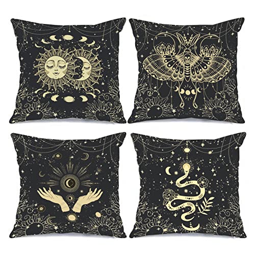 Tucocoo Bohemia Throw Pillow Covers Set of 4 Cosmic Moon Phases Pillow Covers 18x18inch Sun Moth Snake Square Pillow Case Outdoor Modern Cushion Covers Decorative for Couch Sofa Living Room Gift