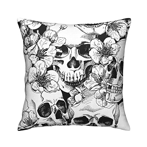 xiaoqiang Pillow Covers Black and White Skull Flowers Gothic Design Plush Pillowcases Square Cushion Pillow Cases for Sofa Bed Home Decor 45cm X 45cm (18" x 18")