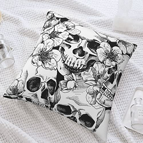 xiaoqiang Pillow Covers Black and White Skull Flowers Gothic Design Plush Pillowcases Square Cushion Pillow Cases for Sofa Bed Home Decor 45cm X 45cm (18" x 18")