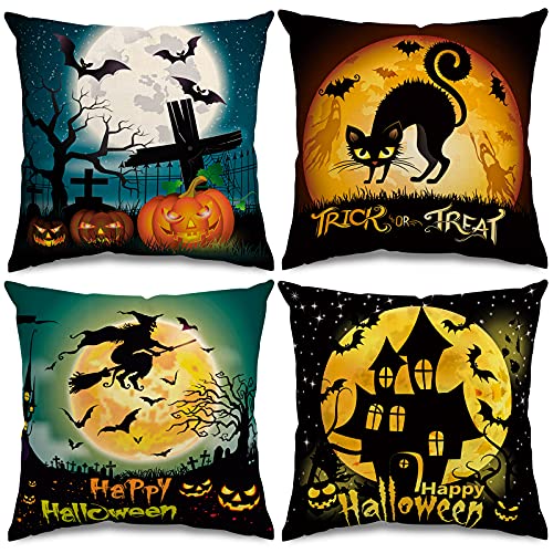 Whaline 4 Pieces Halloween Pillow Case, Scary Night Trick or Treat Pillow Cover, Happy Halloween Linen Sofa Bed Throw Cushion Cover Decoration (18" x 18")