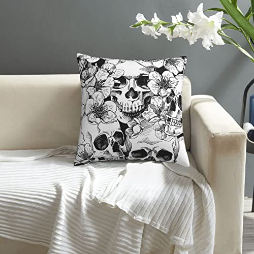 xiaoqiang Pillow Covers Black and White Skull Flowers Gothic Design Plush Pillowcases Square Cushion Pillow Cases for Sofa Bed Home Decor 45cm X 45cm (18" x 18")