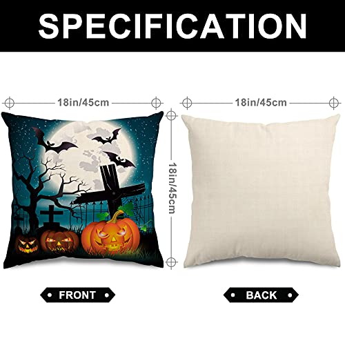 Whaline 4 Pieces Halloween Pillow Case, Scary Night Trick or Treat Pillow Cover, Happy Halloween Linen Sofa Bed Throw Cushion Cover Decoration (18" x 18")