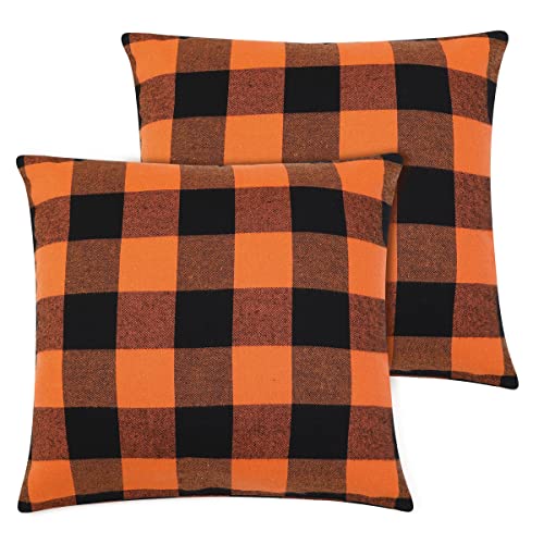 Cootato Halloween Pillow Covers - Set of 2 Buffalo Orange and Black Plaid Throw Pillow Covers, 18 x 18 Inch Cotton Pillow Cover Halloween Farmhouse Cushion Case for Sofa Couch Patio Outdoor Home Decor