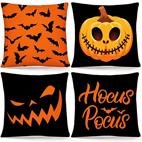 Whaline Halloween Pillow Cover Orange Black Pillow Case Pumpkin Bat Hocus Pocus Throw Cushion Cover Linen Cushion Cases for Home Office Halloween Sofa Bed Decoration, 18" x 18"(4Pcs)