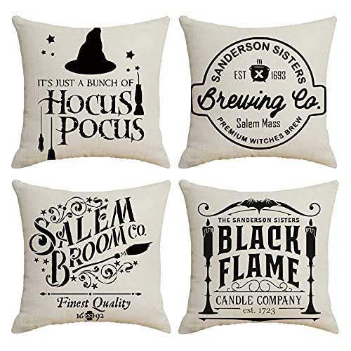 Hocus Pocus Halloween Cushion Covers 45x45 cm Pack of 4 Halloween Decorations Farmhouse Decorative Pillow Cases for Outdoor Indoor Décor