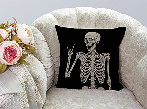Smooffly Skull Human Skeleton Cotten Linen Cushion Cover Human Skeleton Posing Decorative Square Throw Pillow Case Pillowcase for Couch Livingroom Sofa Bed 45cm x 45cm,18x18 Inches