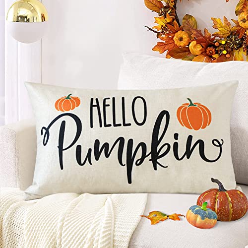 JOTOM 12x20 Inch Fall Throw Pillow Covers Hello Pumpkin Thanksgiving Cushion Covers 30x50cm Autumn Lumbar Decorative Pillow Covers Farmhouse Outdoor Pillowcase for Couch Sofa Bed Decor (Hello Pumpkin)