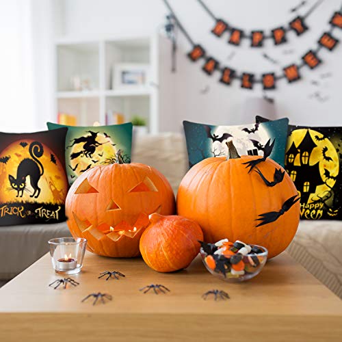 Whaline 4 Pieces Halloween Pillow Case, Scary Night Trick or Treat Pillow Cover, Happy Halloween Linen Sofa Bed Throw Cushion Cover Decoration (18" x 18")