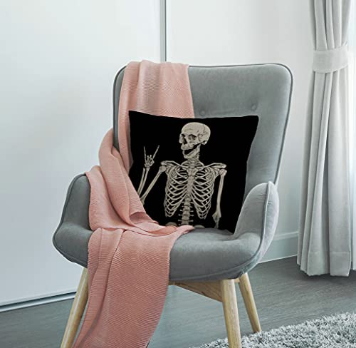 Smooffly Skull Human Skeleton Cotten Linen Cushion Cover Human Skeleton Posing Decorative Square Throw Pillow Case Pillowcase for Couch Livingroom Sofa Bed 45cm x 45cm,18x18 Inches