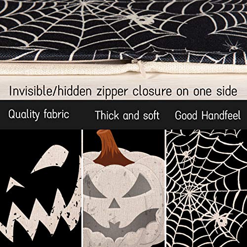 Whaline Happy Halloween Pillow Cover Pumpkin Spider Web Pillow Case Black Linen Throw Cushion Cover Cushion Cases for Home Office Halloween Sofa Bed Decoration, 18" x 18" (4Pcs)