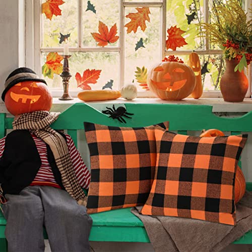 Cootato Halloween Pillow Covers - Set of 2 Buffalo Orange and Black Plaid Throw Pillow Covers, 18 x 18 Inch Cotton Pillow Cover Halloween Farmhouse Cushion Case for Sofa Couch Patio Outdoor Home Decor