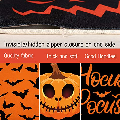 Whaline Halloween Pillow Cover Orange Black Pillow Case Pumpkin Bat Hocus Pocus Throw Cushion Cover Linen Cushion Cases for Home Office Halloween Sofa Bed Decoration, 18" x 18"(4Pcs)