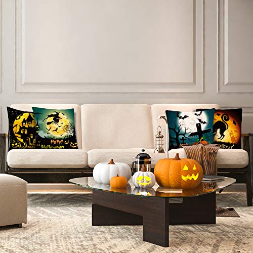 Whaline 4 Pieces Halloween Pillow Case, Scary Night Trick or Treat Pillow Cover, Happy Halloween Linen Sofa Bed Throw Cushion Cover Decoration (18" x 18")