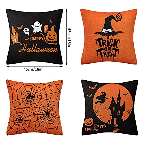 Jetclutch 4 Pieces Halloween Pillow Covers,18 x 18 Inch Halloween Pillow Case Spider Pumpkin Printed Pillow Cover for Sofa Bed Home Farmhouse Halloween Party