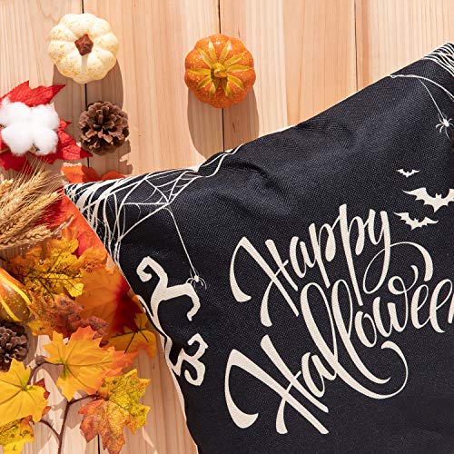 Whaline Happy Halloween Pillow Cover Pumpkin Spider Web Pillow Case Black Linen Throw Cushion Cover Cushion Cases for Home Office Halloween Sofa Bed Decoration, 18" x 18" (4Pcs)