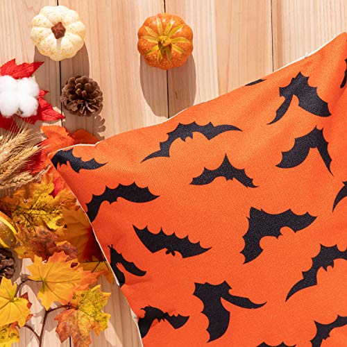 Whaline Halloween Pillow Cover Orange Black Pillow Case Pumpkin Bat Hocus Pocus Throw Cushion Cover Linen Cushion Cases for Home Office Halloween Sofa Bed Decoration, 18" x 18"(4Pcs)