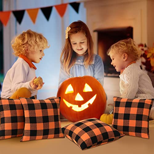 Cootato Halloween Pillow Covers - Set of 2 Buffalo Orange and Black Plaid Throw Pillow Covers, 18 x 18 Inch Cotton Pillow Cover Halloween Farmhouse Cushion Case for Sofa Couch Patio Outdoor Home Decor