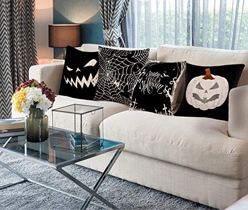 Whaline Happy Halloween Pillow Cover Pumpkin Spider Web Pillow Case Black Linen Throw Cushion Cover Cushion Cases for Home Office Halloween Sofa Bed Decoration, 18" x 18" (4Pcs)
