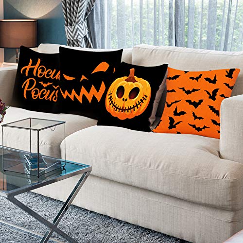 Whaline Halloween Pillow Cover Orange Black Pillow Case Pumpkin Bat Hocus Pocus Throw Cushion Cover Linen Cushion Cases for Home Office Halloween Sofa Bed Decoration, 18" x 18"(4Pcs)